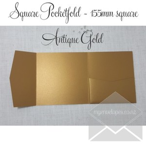 Gold: Antique Gold Metallic Pocketfold Wedding Invitations – 155mm Square