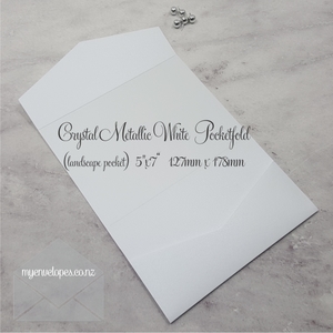 White Metallic Pocketfold Wedding Invitation 5×7 Landscape
