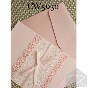 Products: Z-CW5030 Pink Lace Ribbon Lasercut Wedding Invitation Cover END OF LINE