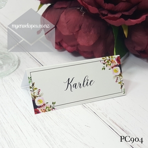 Blank Placecards Burgundy Flowers PC904 35mm High x 80mm Wide Tent