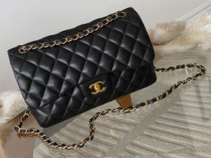 Bags: Chanel Black Lambskin Jumbo Classic Double Flap GHW
