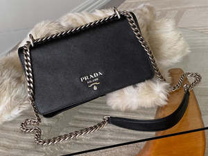Prada Black Tessuto & Saffiano Pattina Chain Flap