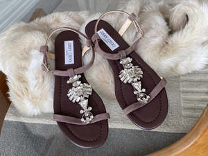 Accessories: Jimmy Choo Brown Suede Crystal Flat Sandals | Sz39