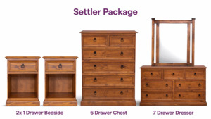 Products: Settler Bedroom Set: 2 x 1 Drw Bedsides, 1 x 6 Drw Chest and 1 x 7 Drw Dresser – MyHome – Easy pay, affordable homeware