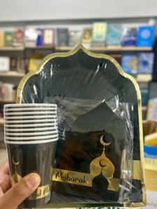 Eid Black & Gold Masjid Tableware Set – Plates, Cups & Napkins