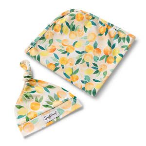 Wraps Blankets Swaddles: Snuggle Hunny Kids - Organic Baby Jersey Wrap & Beanie Set | Sunny Citrus
