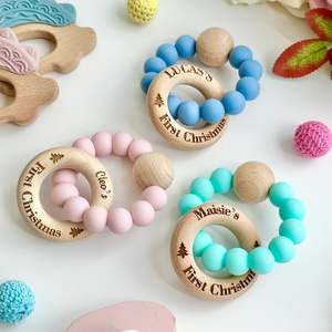Teethers Rattles: CMC GOLD - FIRST CHRISTMAS Silicone Teether with Personalised Beechwood Ring