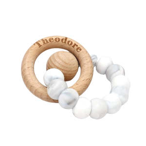 Teethers Rattles: CMC GOLD - Silicone Teether with Personalised Beechwood Ring
