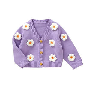 Baby Winter Clothes: Puff Daisy Knit Cardigan | Purple