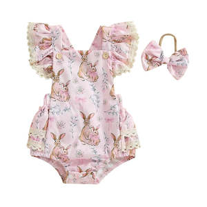 Easter Collection: Cross Back Easter Romper | Pink Bunny