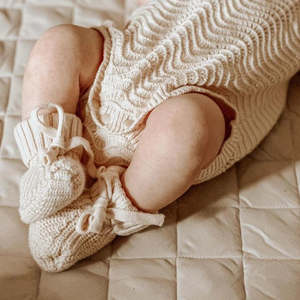 Soft Baby Shoes: 3 Little Crowns - Textured Knit Booties | Oat