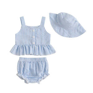 Affordable Baby: Peplum Summer Stripe Set & Hat | Blue