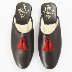 Black Leather Mule Tassel Slippers
