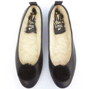 Leather Pompom Ballet Slippers - Black
