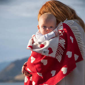 Blankets And Throws: Baby Merino Blanket - Red & White Hearts