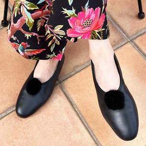 Classic Leather Slippers - Black Pompom