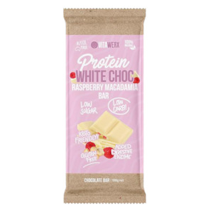 Chocolate Carob: White Choc Raspberry Macadamia Bar 100g
