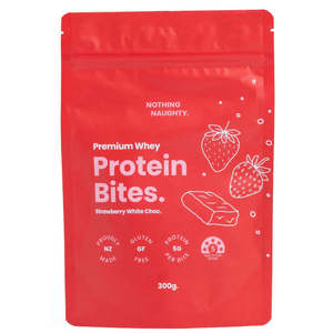 Biscuits Cookies Cakes: Premium Whey Protein Bites - Strawberry White Choc 300g