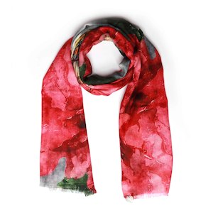 Crimson Rose & Daisy Floral Modal Silk Scarf – Hand-Painted Botanical Designer Wrap