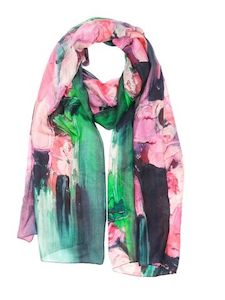 Rose Symphony Floral Scarf – Pure Silk Designer Wrap | Hand-Painted Pink Roses on Green