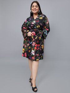 Belted Kimonos: Tropical Print Belted Modal Satin Kimono