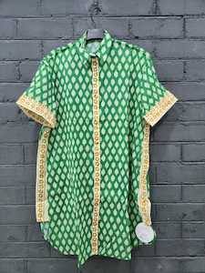 Half Sleeves Long Tunic - Green Geometric (Screen Print)
