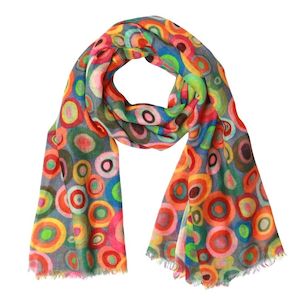 Geometric: Kaleidoscope Circles Scarf – Merino Fine Wool | Vibrant Geometric Abstract Designer Wrap - Grey base