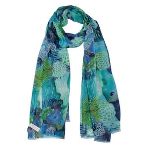 Ocean Bloom Abstract Scarf – Modal Silk Designer Wrap | Underwater Botanical Blue Print