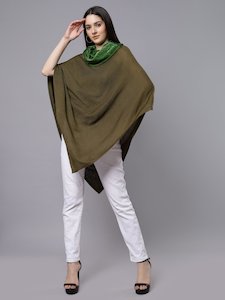 Wool Blend Poncho With Cowl Neck (Khaki)