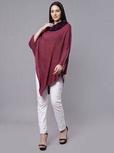 Wool Blend Poncho With Cowl Neck (Plum)