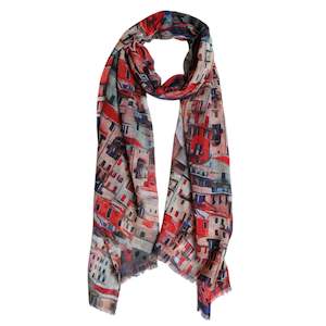 Structural: Cinque Terre Charm Scarf – Merino Wool Silk| Italian Coastal Village Print in Vibrant Red & Pastel Tones