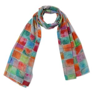Cotton Voile: Rainbow Mosaic Abstract Scarf – Cotton Voile Designer Wrap | Multicolour Geometric Tile Print