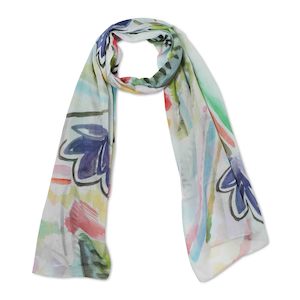 Cotton Voile: Pastel Harmony Abstract Scarf – Cotton Voile Designer Wrap | Watercolor Floral & Geometric Print