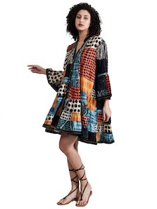 Short Front Open Patch Art Screen Print Dress