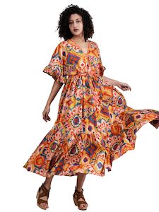 Abstract Screen Print Empire Waist Maxi Dress