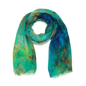 Homepage Bestseller: Ocean Breeze Abstract Scarf – Modal Silk | Blue & Gold Artistic Print Wrap