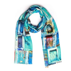 Blue Door Architectural Art Scarf – Modal Silk Designer Wrap | Moroccan Abstract Print
