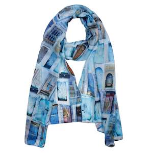 Pipeline Collection 1: Blue Door Architectural Art Scarf – Pure Silk Designer Wrap | Moroccan Abstract Print
