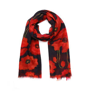 Budget Scarves: Poppy Bloom Scarf – Merino Fine Wool Wrap | Red & Scarlet Poppies on Radiant Black Canvas