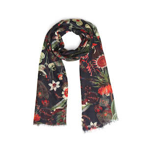 Budget Scarves: Tropical Garden Scarf – Merino Fine Wool Blend | Red Botanical & Exotic Bird Australian Coastal Print on Black base