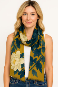 Golden Peony Floral Scarf – Merino Fine Wool Designer Wrap | Artistic Japanese&hellip;