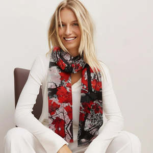 Crimson Maple Abstract Scarf – Modal Silk Designer Wrap | Autumn Tree