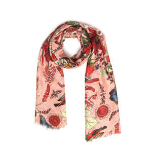 Best Sellers: Tropical Garden Scarf – Modal Silk | Red Botanical & Exotic Bird Australian Coastal Print on Peach