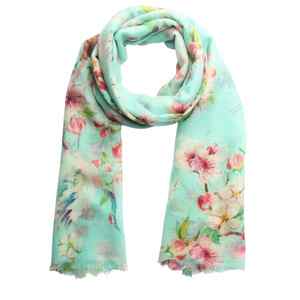 Floral: Cherry Blossom Crane Floral Scarf – Cotton Modal Wool Designer Wrap | Japanese Inspired Bird Print
