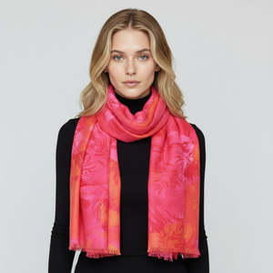 Floral: Crimson Blossom Abstract Scarf – Cotton Modal Designer Wrap | Red & Pink Floral Art Print