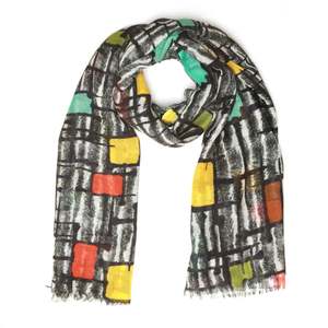 Modern Mosaic Merino Wool Silk Scarf – Abstract Geometric Designer Print
