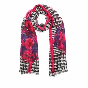 Crimson Weave Merino Wool Silk Scarf – Floral & Geometric Designer Print