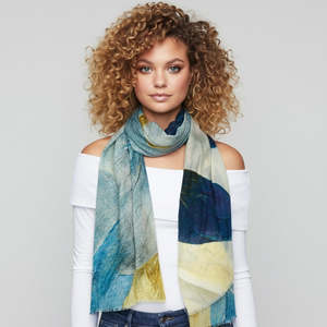 Golden Bloom Abstract Scarf – Fine Wool Designer Wrap | Blue & Gold Botanical Art Print