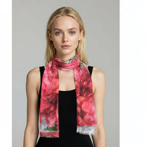 Crimson Rose & Daisy Flora Fine Wool Scarf – Hand-Painted Botanical Designer Wrap