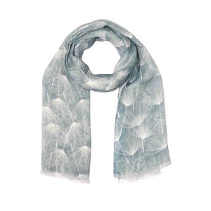 Linen: Blue Mirage Feather Bloom Linen Designer Scarf – 100% Pure Linen Wrap | Soft Grey-Blue Dandelion Floral Pattern